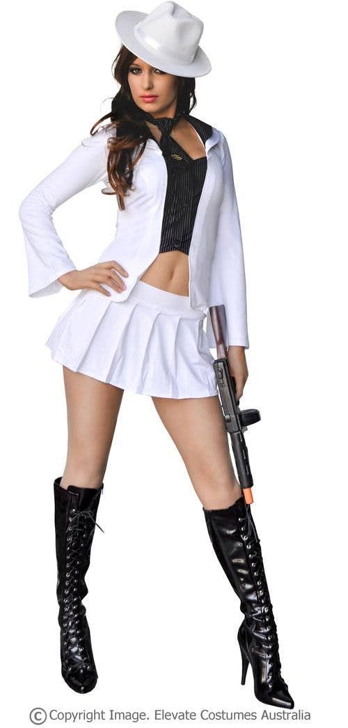 Women's White Sexy Gangster Costume Front View