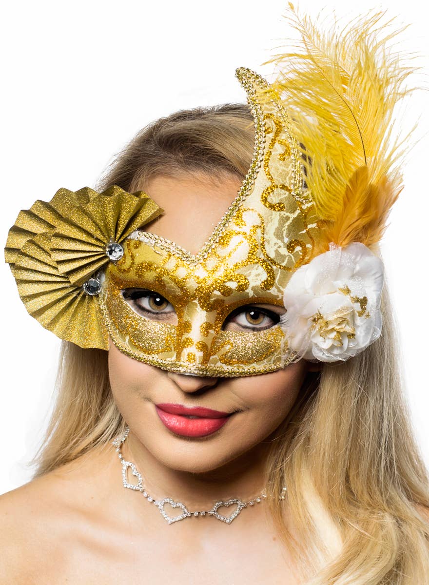 Extravagant Gold Glitter Fan Masquerade Mask with Yellow Feathers - Main Image