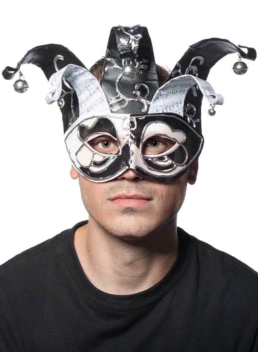 Black and White Musical Jester Masquerade Mask for Adults View 1