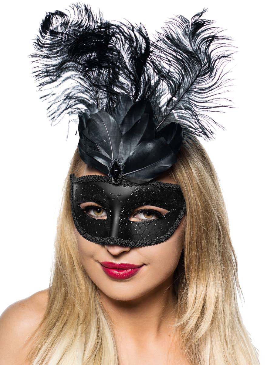 Women's Black Masquerade Mask With Black Feathers Main Image