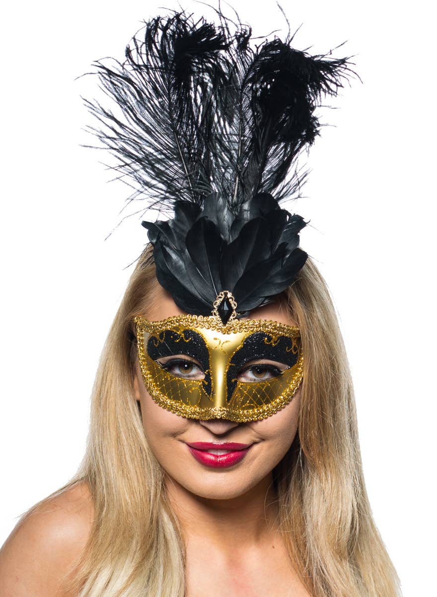 Women's Black And Gold Tall Feather Masquerade Mask Front