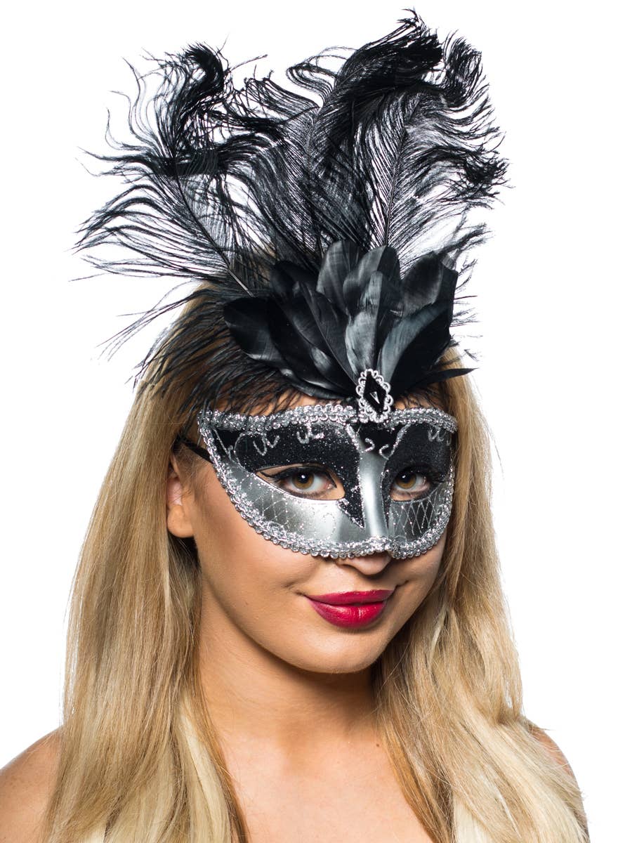 Black and Silver Masquerade Mask with Tall Black Feathers - Altenate Image