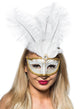 White and Gold Masquerade Mask with Tall White Feathers - Main Image