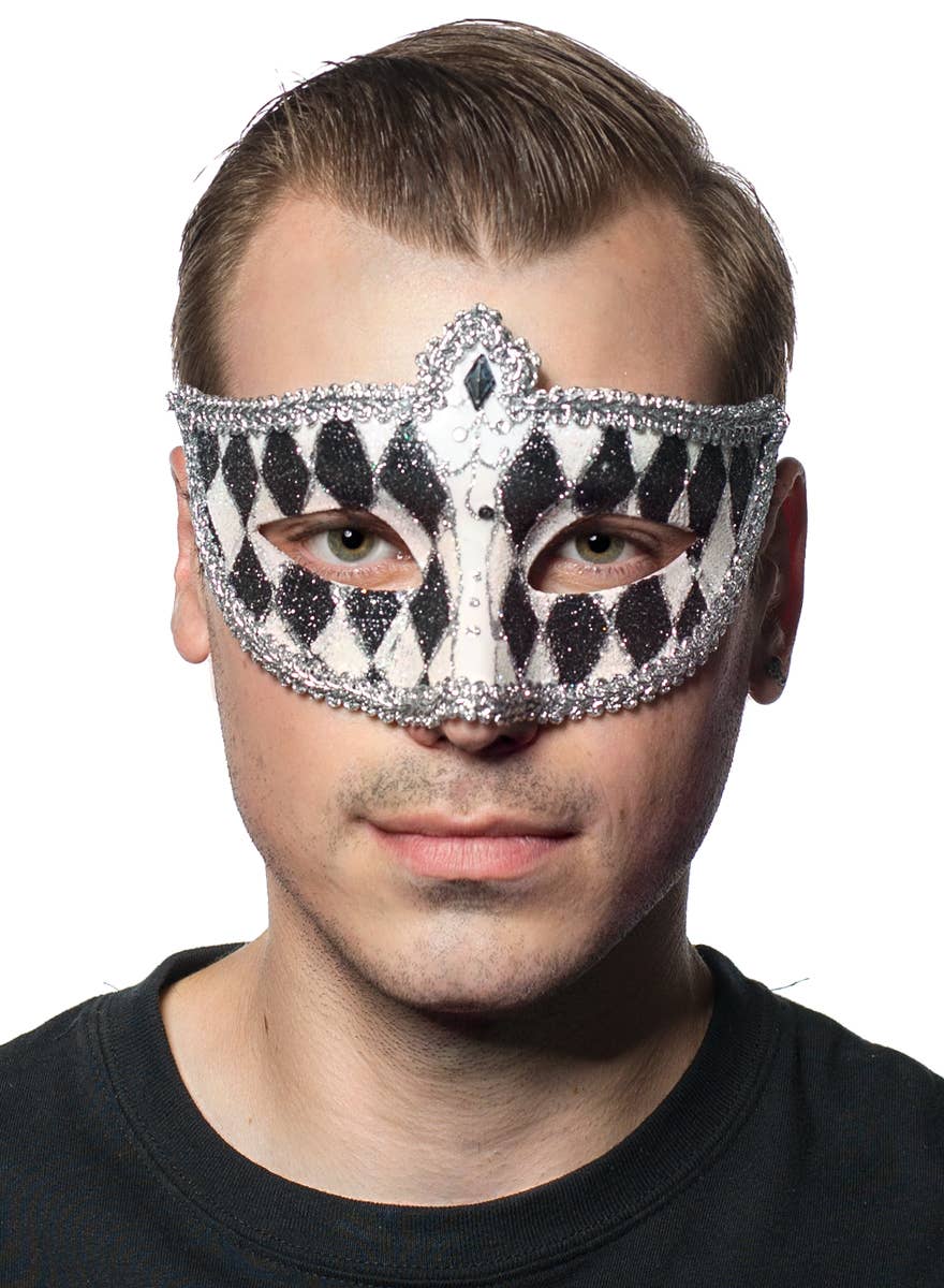 Black and White Glitter Venetian Harlequin Masquerade Mask View 1