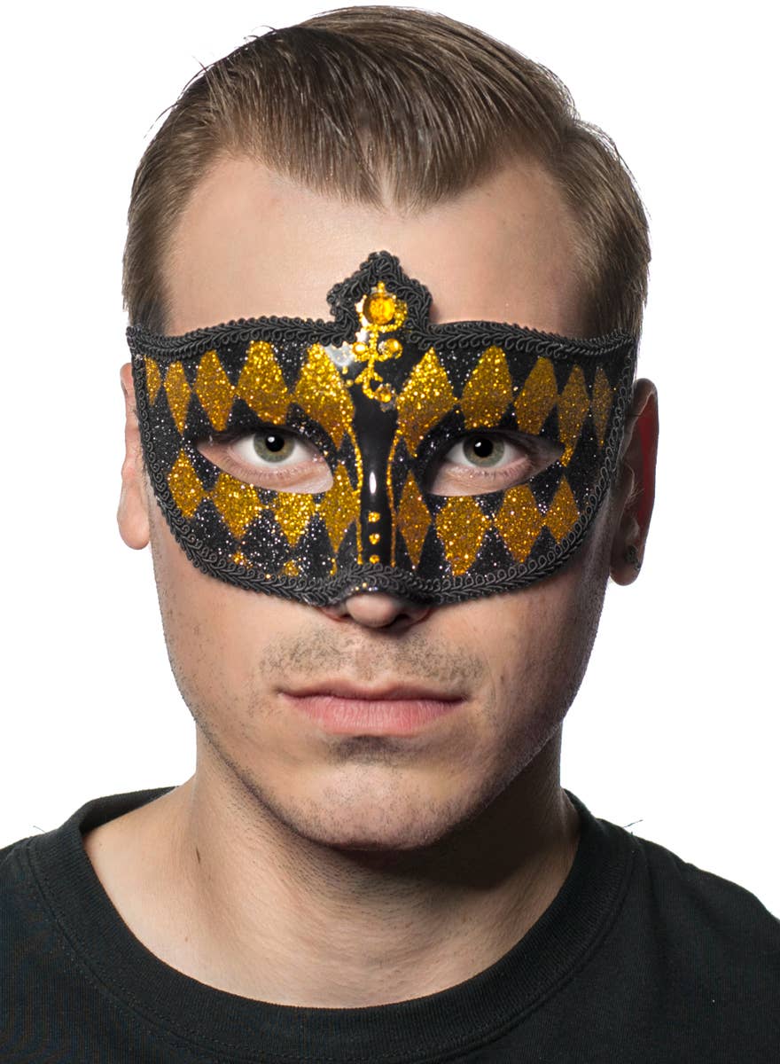 Black and Gold Glitter Venetian Harlequin Masquerade Mask - Main Image