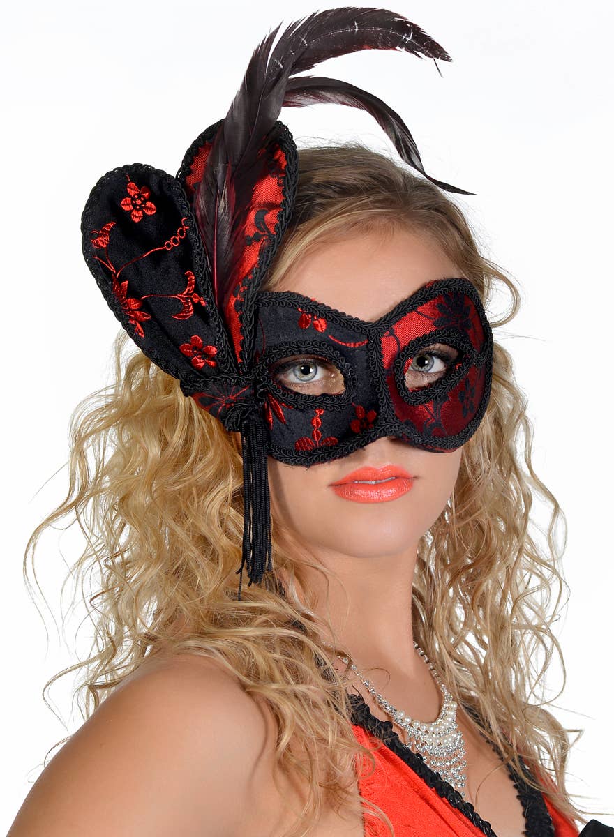 Women's Deluxe Red and Black Brocade Masquerade Mask With Feather 