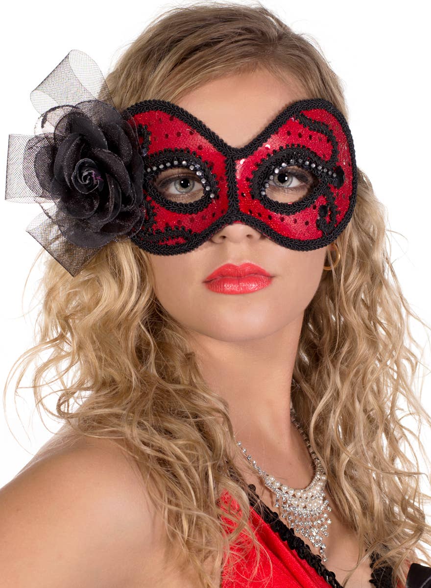 Red and Black Glittering Rose Masquerade Mask View 2