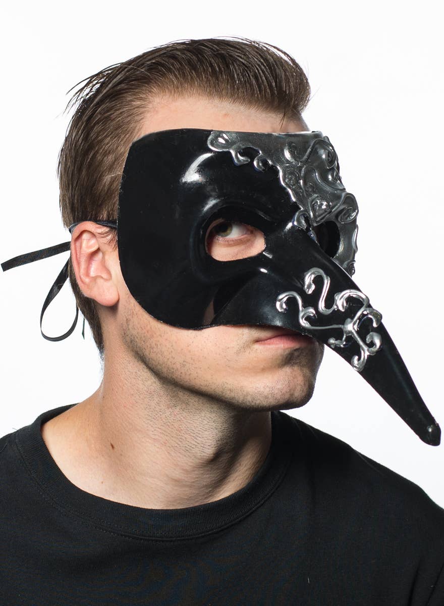Black and Silver Men's Long Nose Venetian Masquerade Mask - View 1