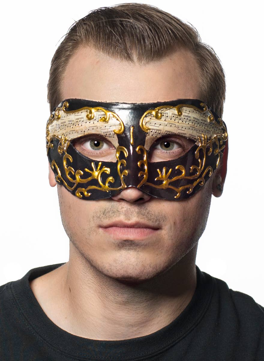 Men's Black And Gold Music Notes Masquerade Mask Main Image