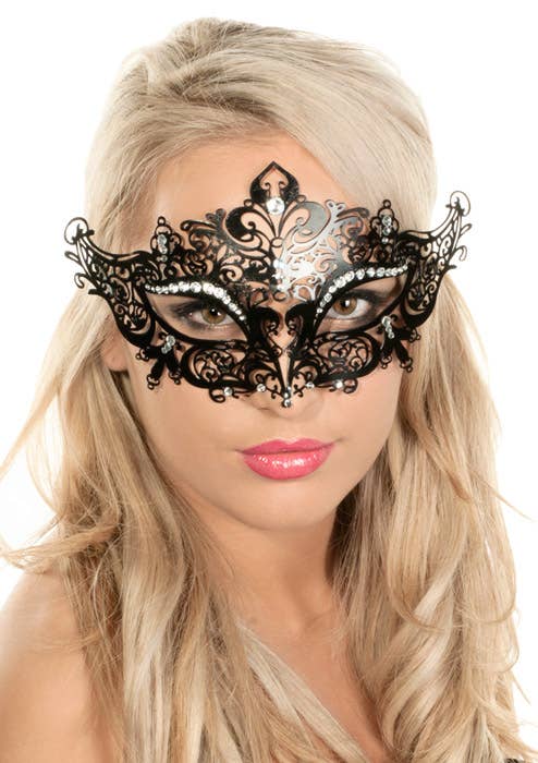 Women's Black Lacework Metal Masquerade Mask With Clear Rhinestones Main Image