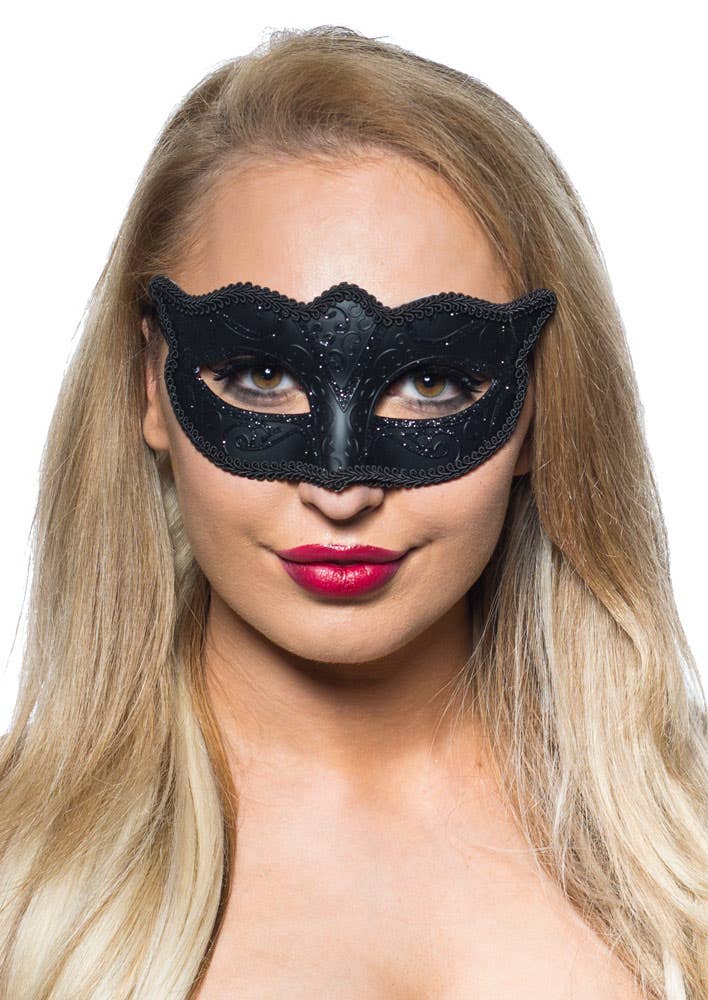 Women's Black Masquerade Costume Mask With Glitter Swirl Details Main Image