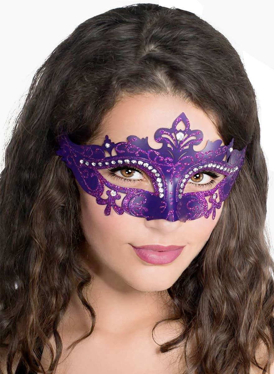 Purple Womens Cut Out Masquerade Mask with Rhinestones - Main Image
