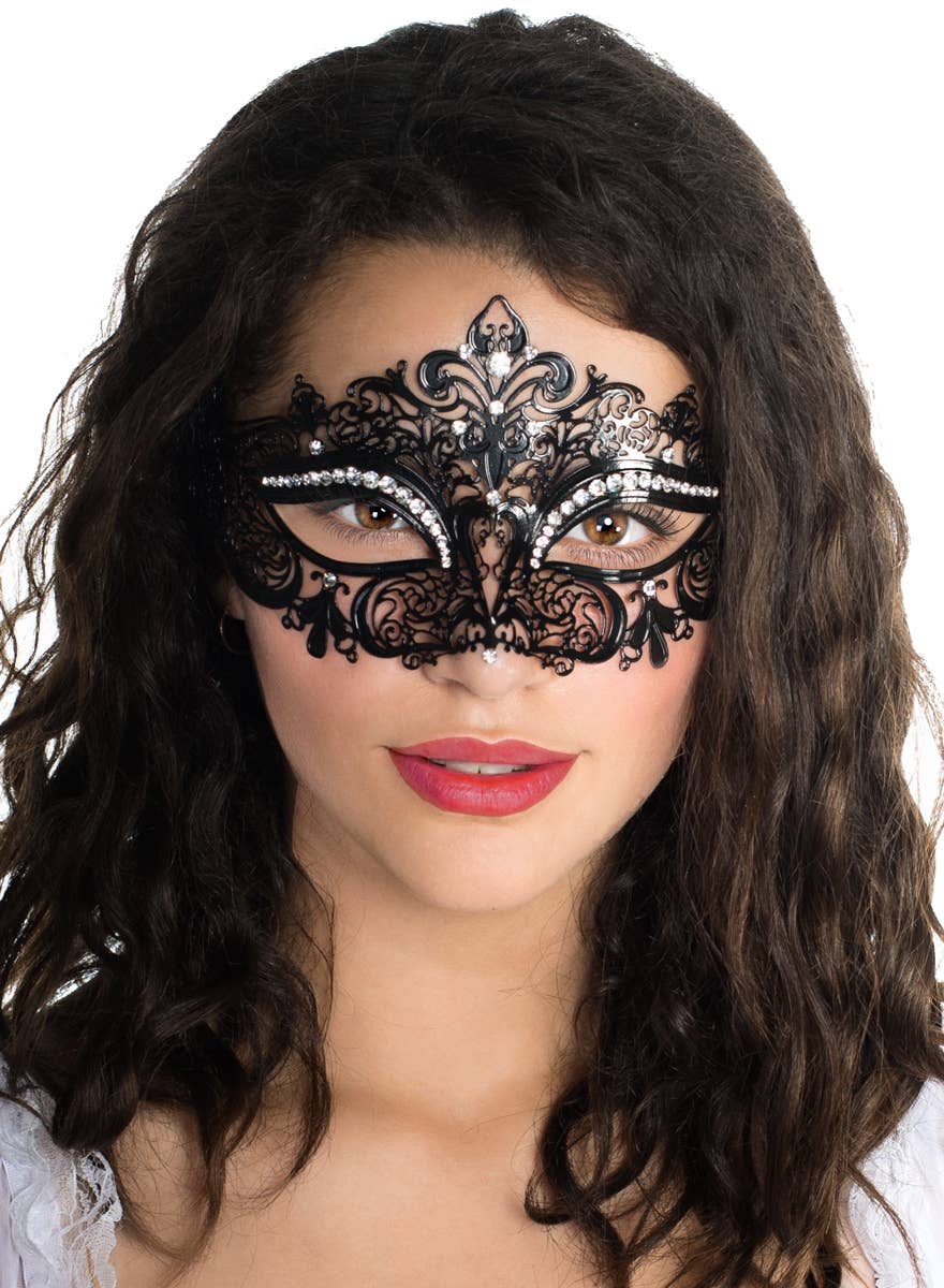 Fleur De Lis Women's Black Metal Masquerade Mask With Rhinestones Main Image