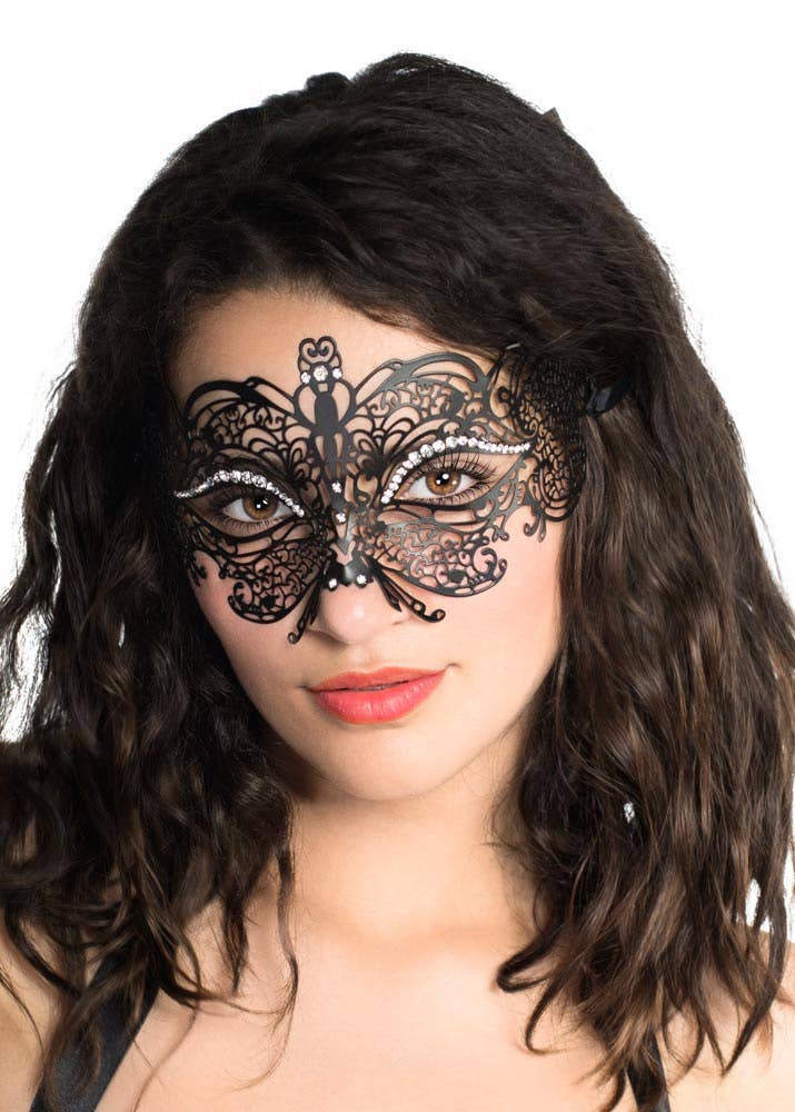Princess Black Masquerade Women's Mask With Butterfly And Rhinestones Main Image