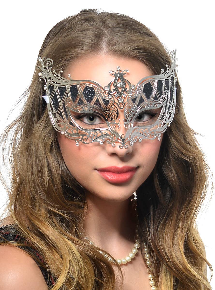 Silver Laser Cut Lightweight Metal Masquerade Mask with Black Glitter Main Image