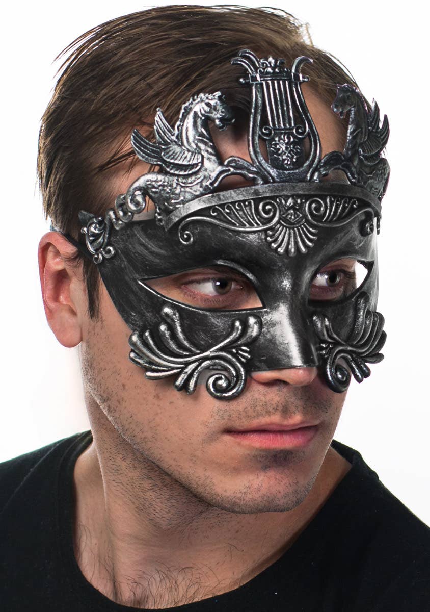 Men's Antique Pewter Centurian Ancient Roman Masquerade Mask - Side View