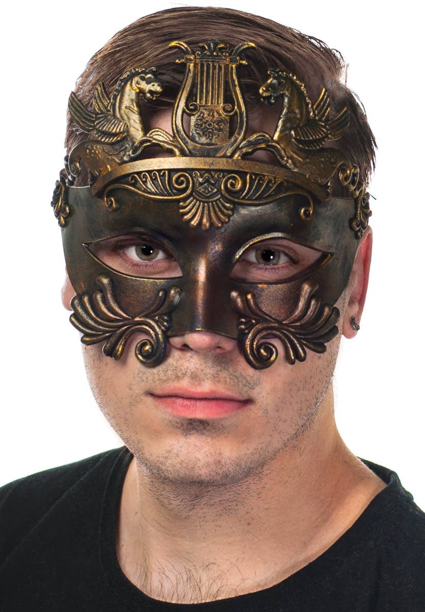 Antique Bronze Men's Ancient Centurion Masquerade Mask  - Front View