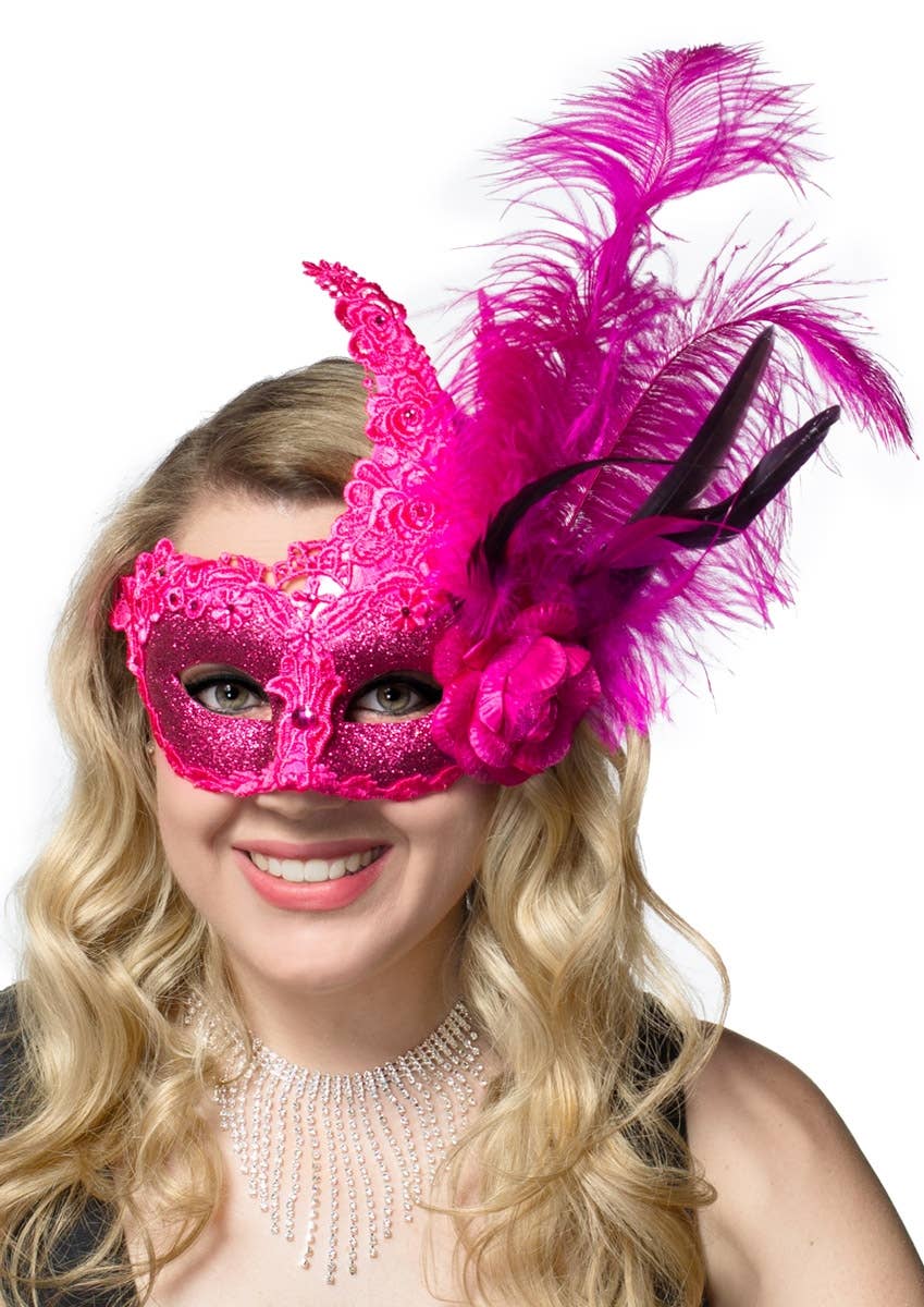 Deluxe Hot Pink Lace, Glitter and Feather Mask