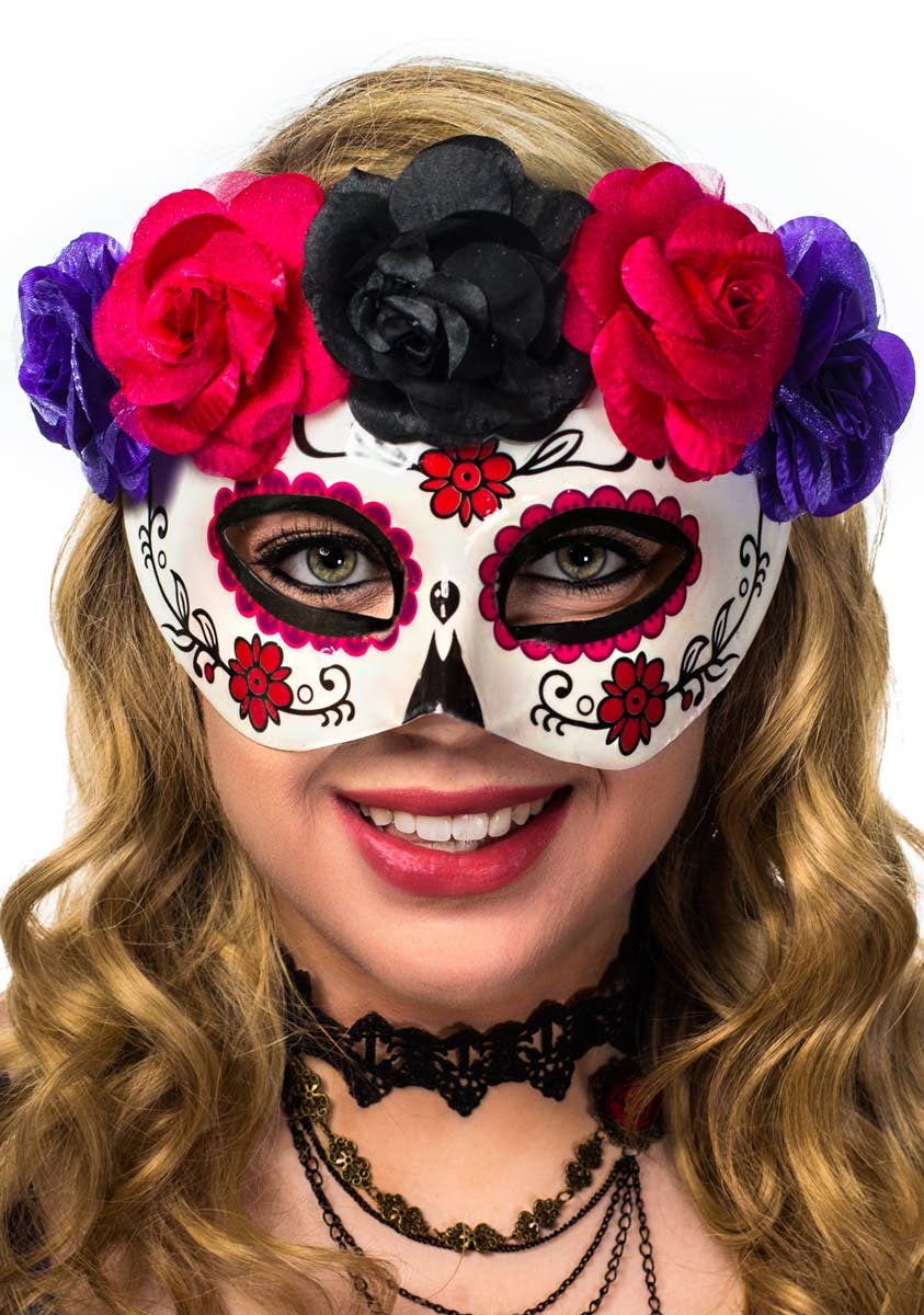 Women's Pink and Purple Flower Day of the Dead Masquerade Mask