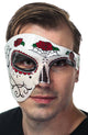 Men's Roses Sugar Skull Day of the Dead Half Face Masquerade Mask Front View