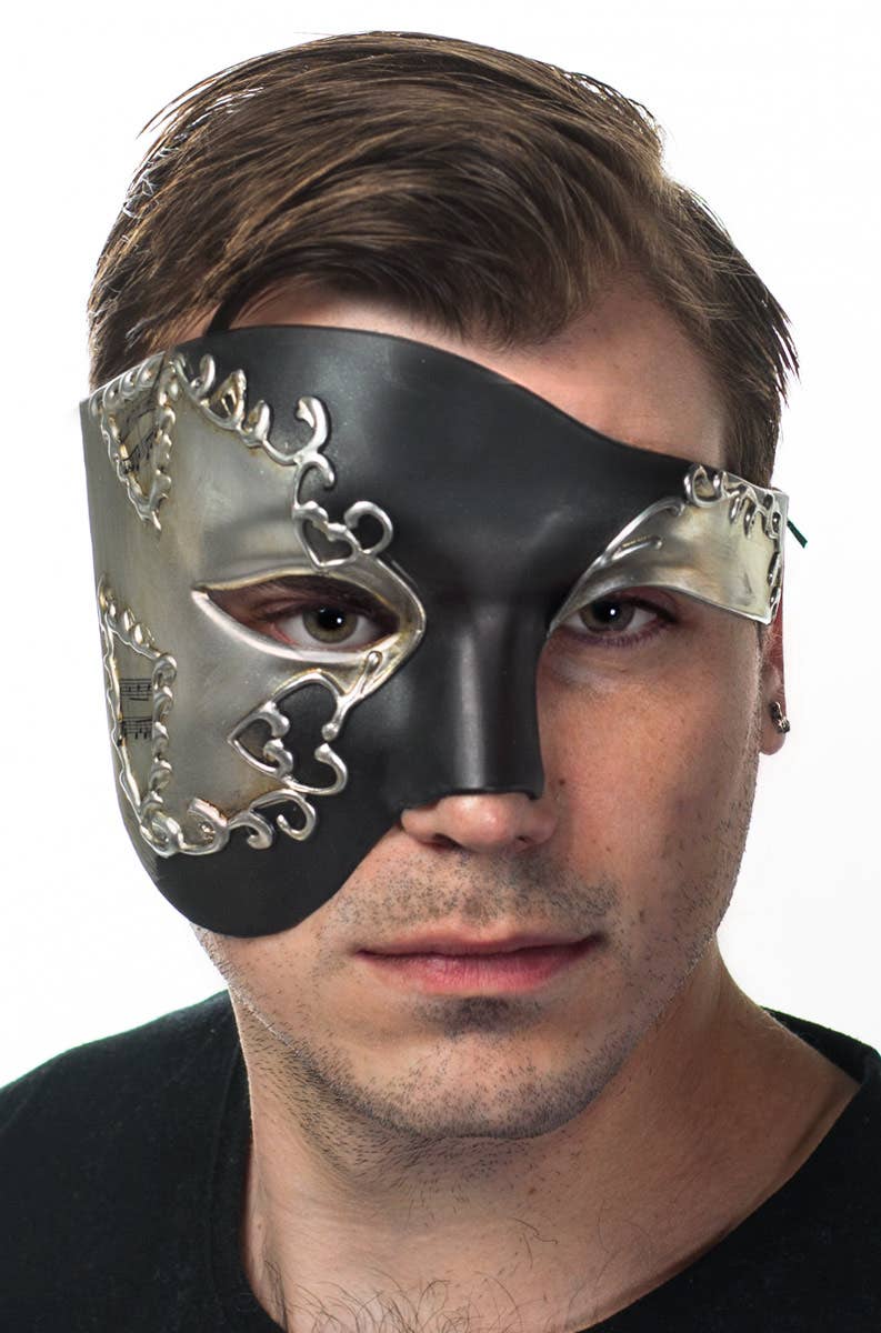 Men's Silver and Black Over Eye Masquerade Mask Front View