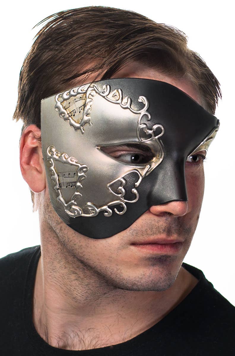 Men's Silver and Black Over Eye Masquerade Mask Side View 1