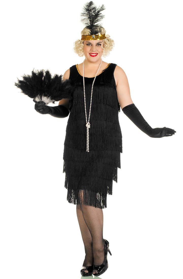 Plus Size Women's Long Black Flapper Costume - Front View