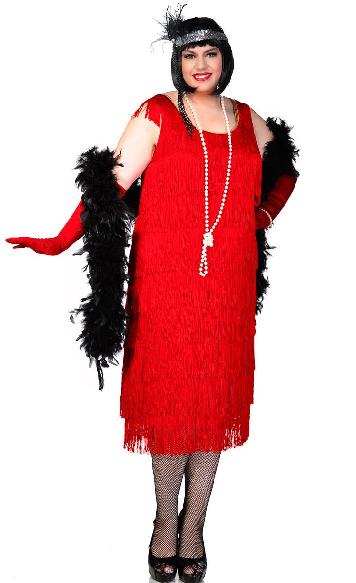 Plus Size Long Deluxe Roaring Red Women's Flapper Dress Costume - Front View