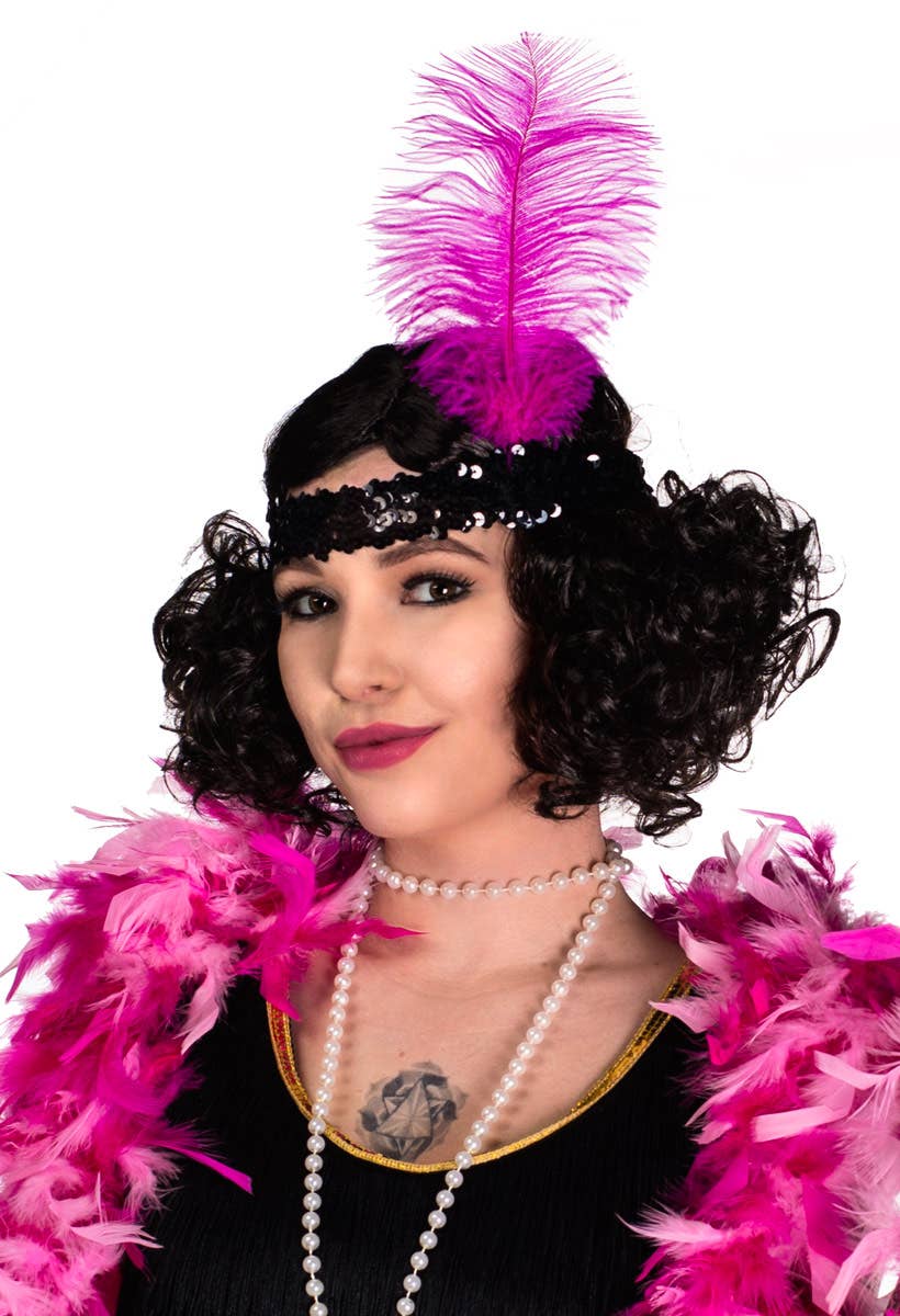 Black and Pink Feather 1920s Flapper Costume Headband - View 1