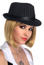 Womens Black and White Stripe Wool Look 1920s Gangster Trilby Hat - Main Image