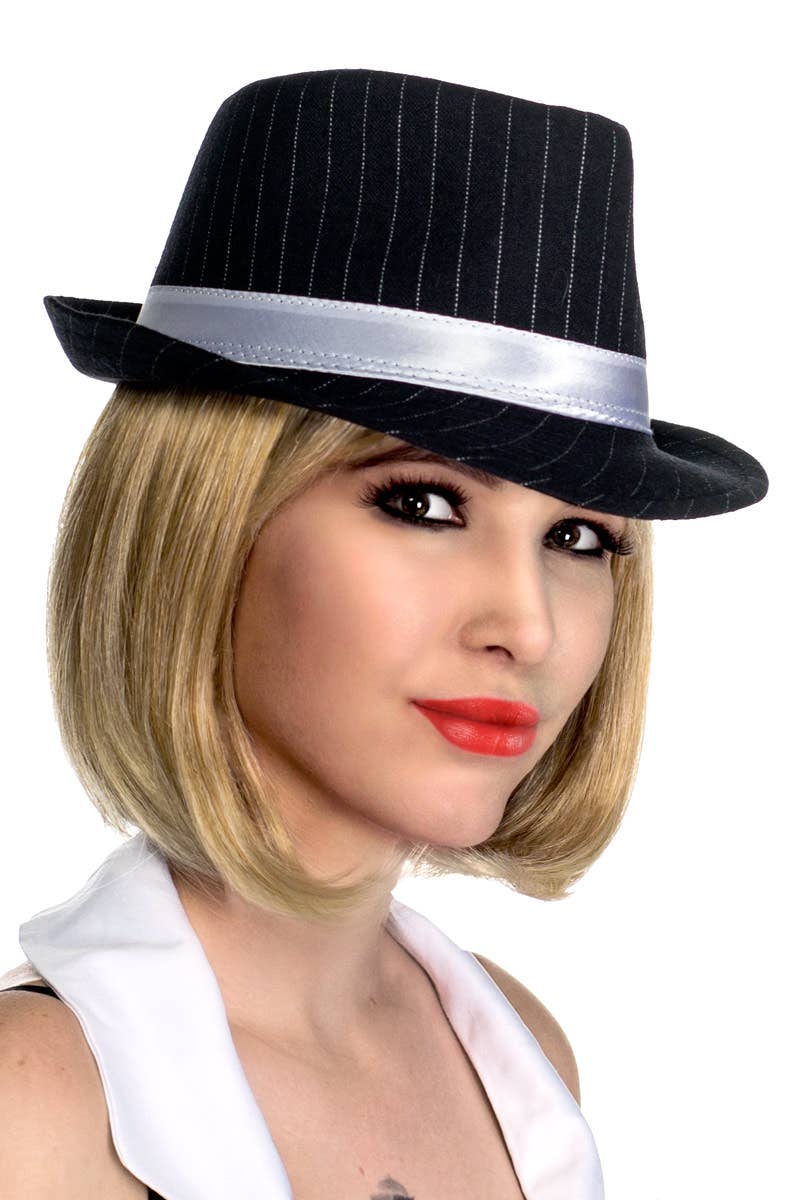 Womens Black and White Pinstripe Trilby 1920s Gangster Hat - Main Image