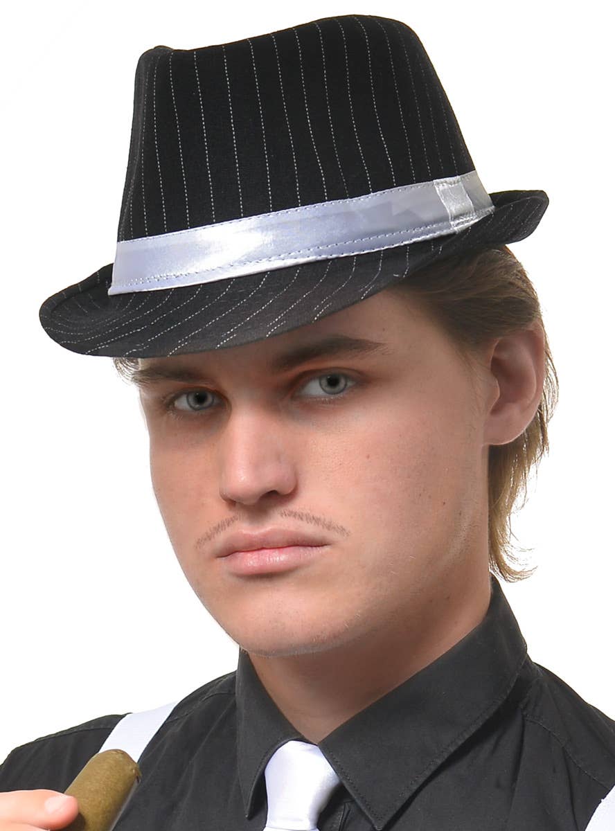 Men's Black and White Pinstripe Trilby Gangster Hat Main Image