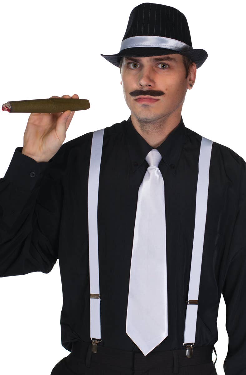White Satin Zip Up 1920s Gangster Costume Tie -  Front Image