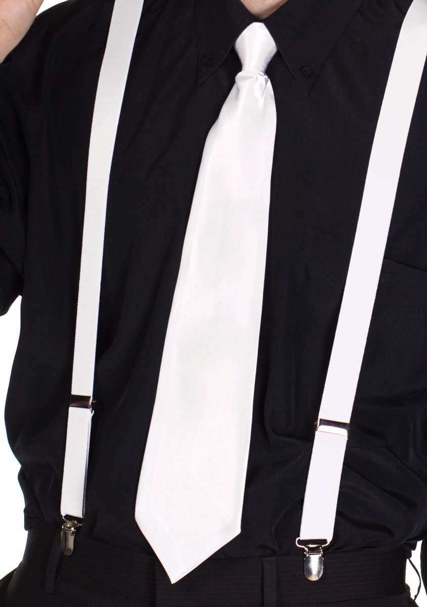 White Satin Zip Up 1920s Gangster Costume Tie -  Alt Close Image