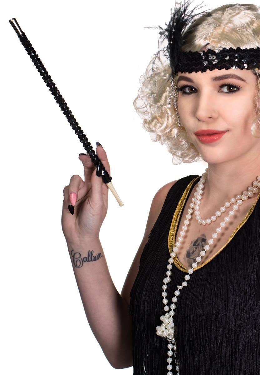 Black Sequinned Flapper Cigarette Holder Costume Accessory - Main Image