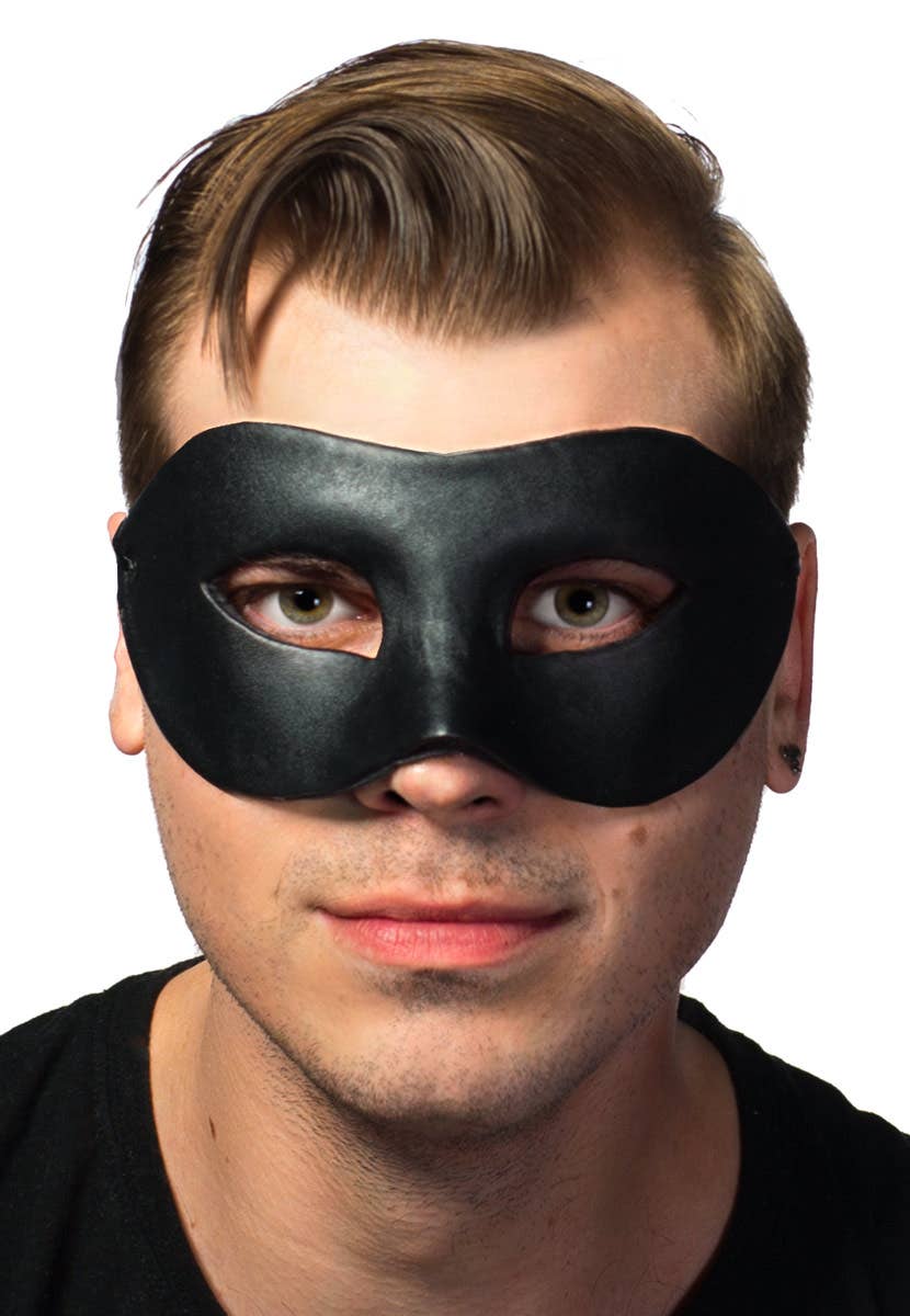 Men's Deluxe Black Leather Look Masquerade Mask