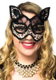 Black Lace and Leopard Print Velvet Cat Face Masquerade Mask View 2