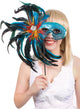 Aqua Sequined Hand Held Feather Masquerade Mask - Main Image