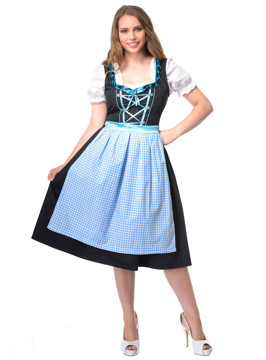 Women's Blue and Black Checkered Long Oktoberfest Costume Dress Front Image