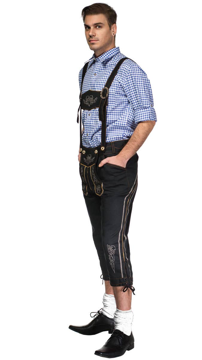 Men's Blue and Black Lederhosen Oktoberfest Costume Side View