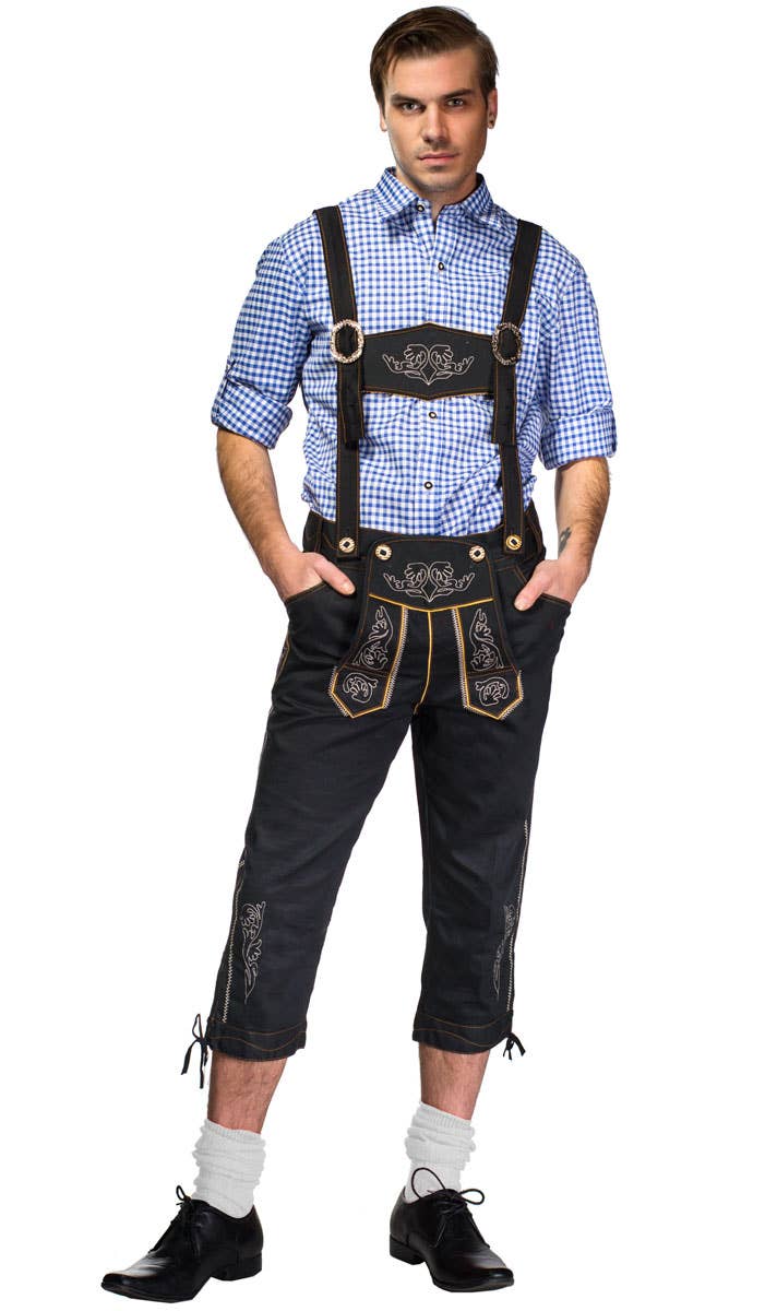 Men's Blue and Black Lederhosen Oktoberfest Costume Front View