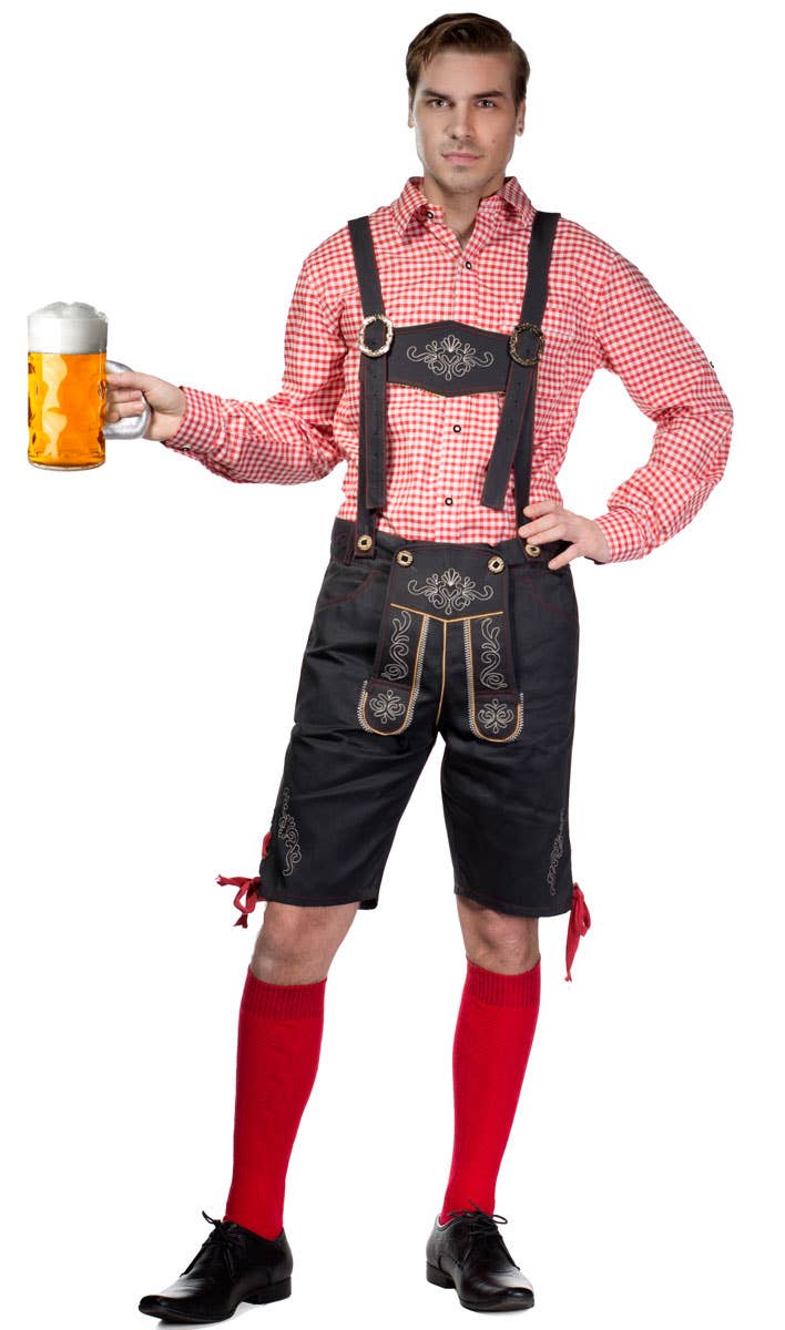 Men's Red and Grey Lederhosen Oktoberfest Outfit German Costume - Main View