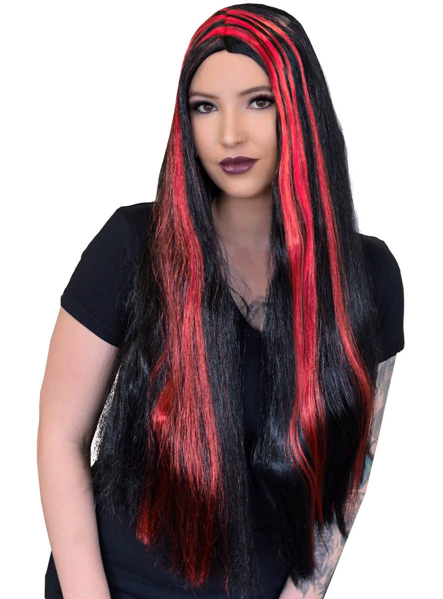 Image of Streaked Black and Red Women's Halloween Costume Wig