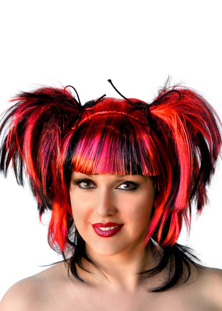 Image of Messy Pigtails Red and Black Women's Halloween Wig