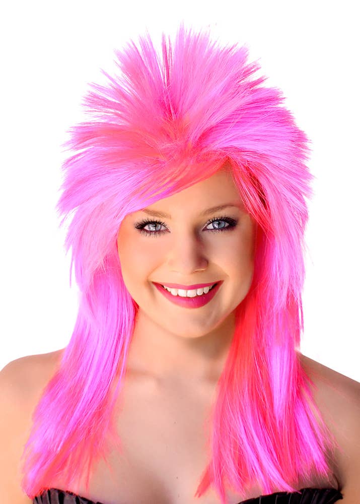 Hot Pink Women's Spiked 1980's Mullet Costume Wig