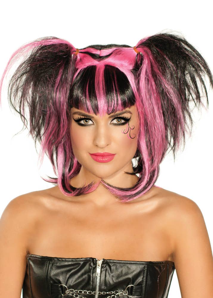 Image of Messy Black and Pink Pigtails Women's Halloween Wig