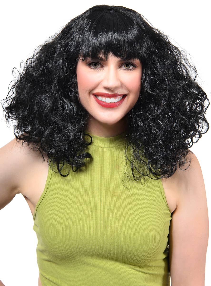 Image of Disco Star Women's Curly Black 70's Costume Wig - Front View