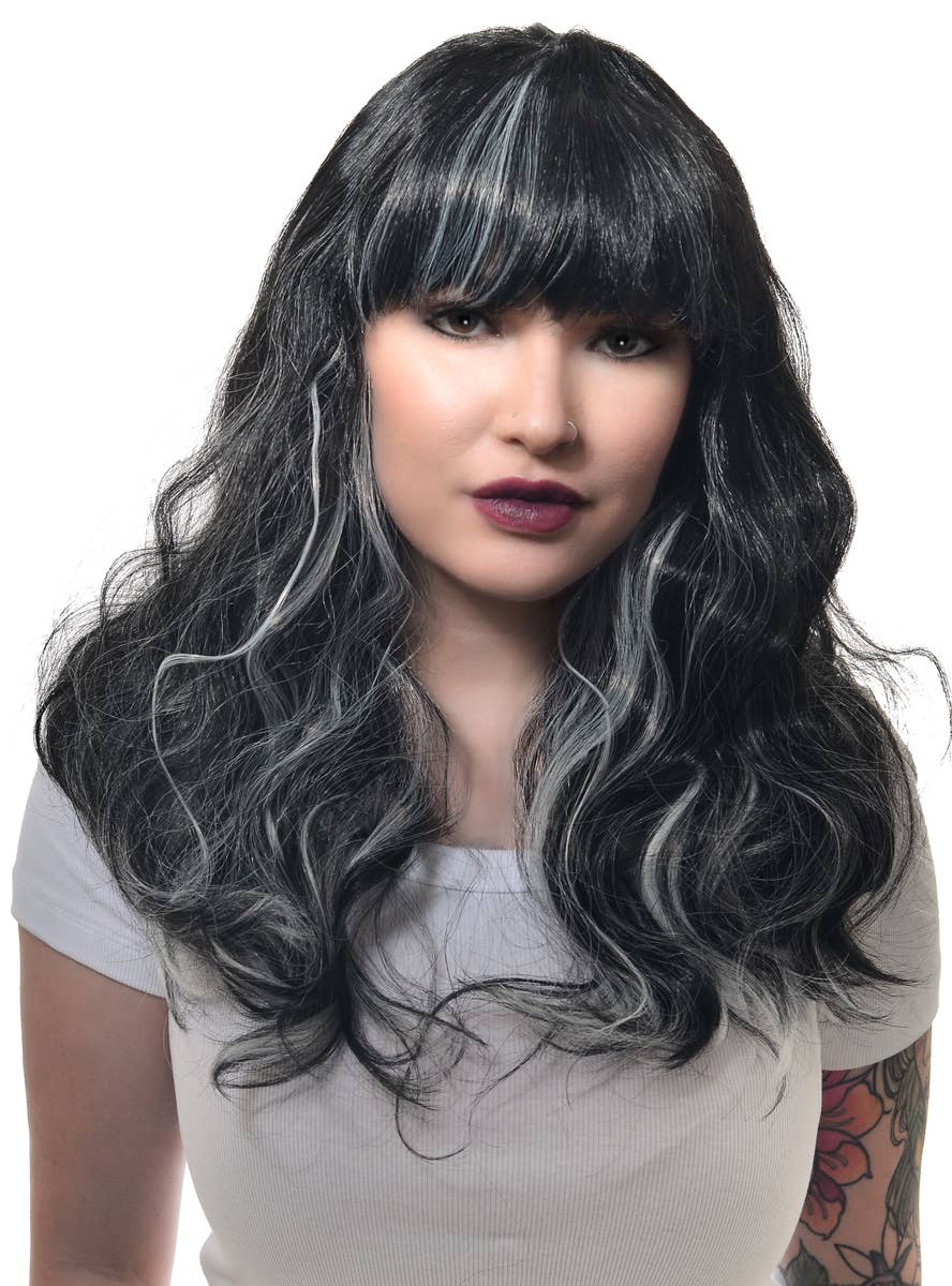 Image of Gothic Black and White Women's Halloween Costume Wig - Front View