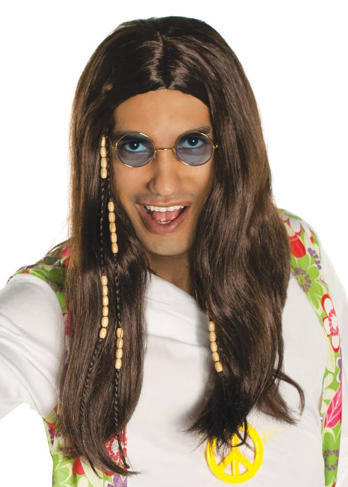 Mens Long Brown Hippie Costume Wig with Beads - Main Image