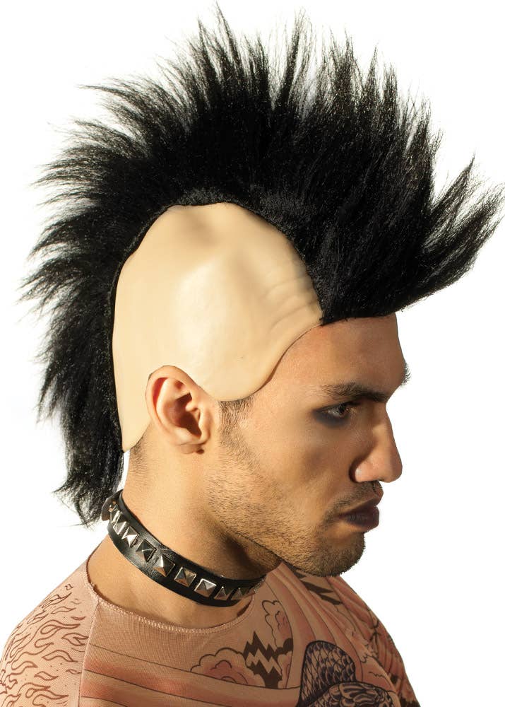 80s Fashion Mens Skinhead Black Mohawk Punk Costume Wig - Main Image